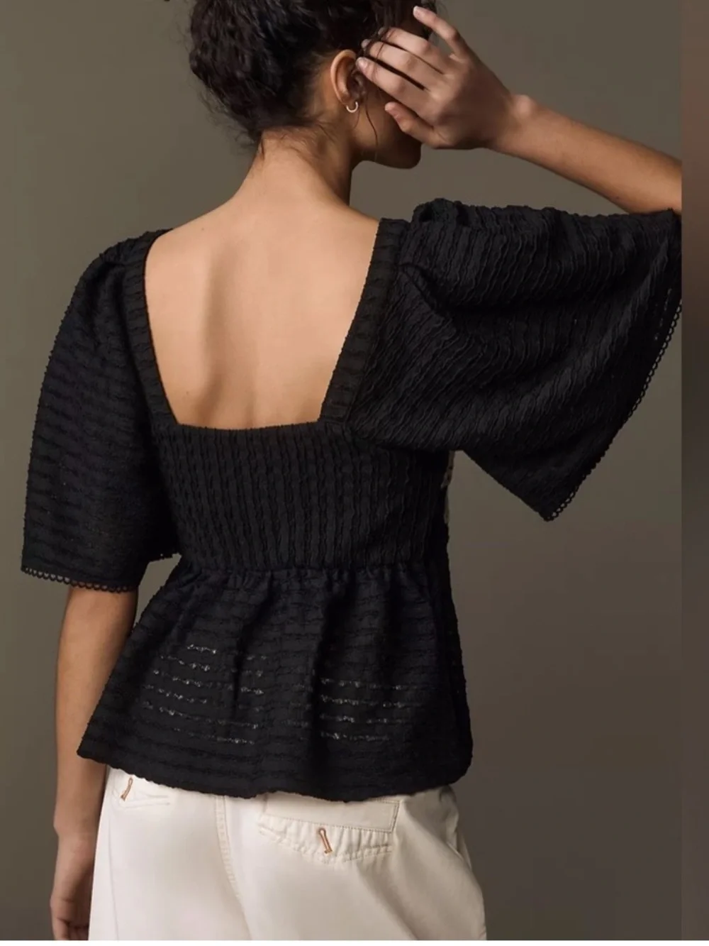 Sarah Hann x Anthropologie Black & Cream Flutter Sleeve Crochet Top - Small